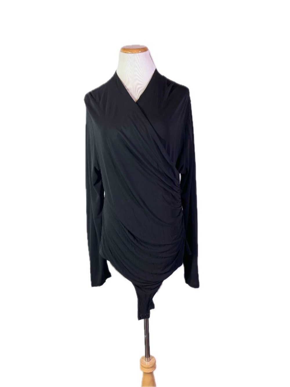 NWT BR Banana Republic XL Crepe Knit Ruched Bodysuit Black Long Sleeve